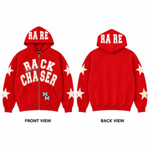 Sweat-shirt à capuche rouge pour homme, style streetwear, en molleton, avec graphisme de lettres blanches et imprimé étoile sur les manches, 100% coton, automne - Product Image 1