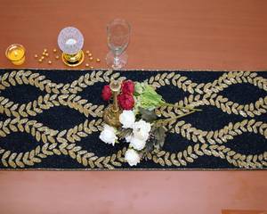 Black Gold Beaded <b>Table</b> Runner Rectangle Fabric Glam Handmade Mats - Product Image 3