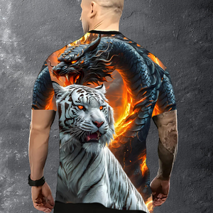 T-shirt de sublimation 3D Tigre Blanc et Dragon de Feu - Streetwear graphique animaux mythiques - T-shirt décontracté fantaisie artistique pour homme - Product Image 2