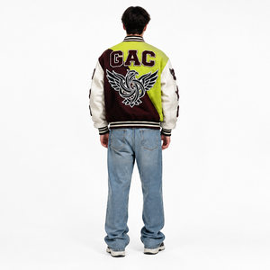 Herren 520GSM Schwere Melton-Woll-Varsity-Jacke mit Rindsleder-Ärmeln, Chenille-Aufnähern, Stickerei, Streetwear, Individuelle Buchstaben-Verzierung - Product Image 2