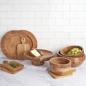 Bol de service en bois dur texturé en gros |   Grand saladier et bol à mélanger en bois rainuré rond - Product Image 4