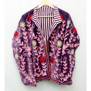 Manteau en velours violet brodé de fleurs, écologique, réversible, doublé de coton, col mandarin, manches trois quarts, style vintage - Product Image 2
