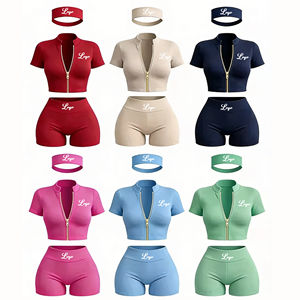 3 Piece Lounge Set Women Summer Clothes Short Sleeve Zip up <b>Jacket</b> with Headband Shorts Custom <b>Workout</b> Sets for Women 2026 - Product Image 1