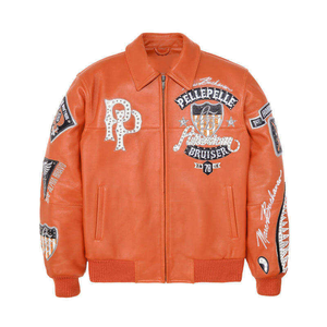 ODM Custom Leather Bomber <b>Jacket</b> Streetwear <b>Rhinestone</b> Embroidery Patchwork Genuine Leather Avirex Style <b>Jackets</b> Manufacturers - Product Image 1