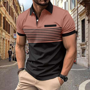 Polo de hombre multicolor a rayas con bloques de color 2026, estilo casual elegante, manga corta, corte ajustado, detalle de bolsillo en el pecho, ropa negra y roja - Product Image 2