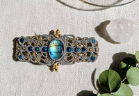 Pulsera de Labradorita Gris Rodio Hecha a Mano con Macramé, Brazalete Tejido con Cuentas de Cristal Azul Bohemio, Piedra Curativa, Regalo Vintage para Fiesta