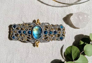Handmade Rhodium Gray Macrame Labradorite <b>Bracelet</b> Boho Blue Crystal Bead Woven <b>Cuff</b> Healing Stone Statement Jewelry Gift for - Product Image 4