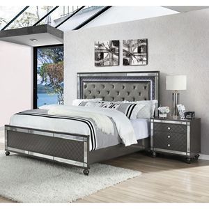 Letto King-Size in Stile Moderno Glam con Luci LED, 1 Pannello in Ecopelle, Testiera Imbottita con Bottoni Trapuntati, Inserti in Vetro, Finitura Grigia - Product Image 6