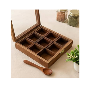 Boîte à épices en bois, taille personnalisée, couvercle en acier inoxydable, forme ronde, 9 compartiments, gadgets de cuisine - Product Image 3