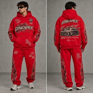 Ensemble de survêtement de course rouge pour homme, sweat à capuche et pantalon de jogging, motif flamme, streetwear, sport automobile, deux pièces assorties, personnalisable OEM - Product Image 3