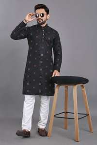 TRADITIONAL COTTON JACQUARD WORK <b>MENS</b> WEAR <b>THOBE</b> with PAYJAMA LONG SLEEVE ALL SEASONS BLACK 68734 - Product Image 2