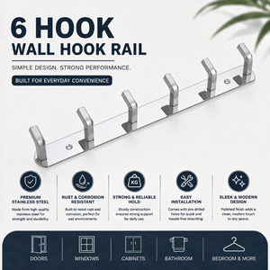 6 <b>Hook</b> Stainless Steel <b>Wall</b> Mount Rack Heavy Duty Key Holder Coat <b>Hooks</b> <b>Wall</b> Hanger Living Room Entryway Storage Waterproof - Product Image 5