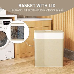 Moderno Cesto per Bucato in Bambù da 26,4 Galloni, Doppio Cesto con Fodera Rimovibile e Manici in Corda per Uso in Bagno, Naturale - Product Image 5