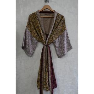 Kimono sexy en soie patchwork style bohème pour femme, robe de nuit longue, robe légère et lisse - Product Image 2