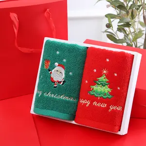 Christmas Hand Towels 100% Cotton 400-600GSM Custom Embroidery Red 2Pcs Christmas Towel Set In Gift Box
