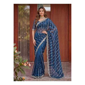 Blusa de novia de satén Fandy con bordado de lentejuelas y diseño de bordes, tela india para fiestas de boda, tienda de artículos de manualidades. - Product Image 1