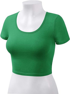 2026 <b>Top</b> Selling Custom Women's Solid Green Scoop Neck Short Sleeve Knitted T-Shirt 100% Cotton Breathable Eco-Friendly <b>Zipper</b> - Product Image 5