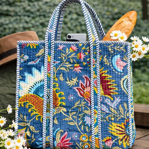 Bolso de Hombro Bohemio Acolchado de Algodón con Estampado Artesanal para Mujer, con Cierre Abierto, Lavable, Bolso de Algodón Estampado de Jaipur - Product Image 1