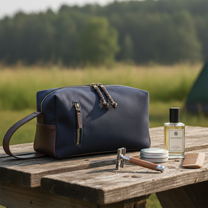 Custom Logo Grid Leather Zipper <b>Pouch</b> Shaving Dopp Kit <b>Mens</b> Travel Toiletry Bag PU Business Cosmetic Bag <b>for</b> Man - Product Image 6