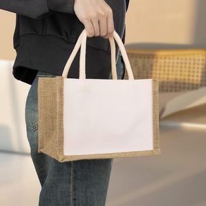 2025 12 pièces petits sacs fourre-tout en jute toile blanche Mini sac fourre-tout cadeau 8.6X6.3X5.1 pouces transfert de chaleur impression sac de plage lettre - Product Image 6