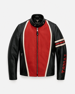 Chaqueta de Moto para Hombre TAVIAN, Roja y Negra, de Cuero PU, con Bloques de Color, Cierre de Cremallera, Cuello Alto, Corte Regular, Estilo Otoñal - Product Image 1