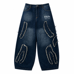Jeans de Mezclilla Rectos para Hombre, con Logotipo Personalizado, Ecológicos, 100% Algodón, Cintura Media, Borde Crudo, Color Azul Oscuro Lavado - Product Image 1