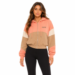 Custom Cropped Women's Hoodies Full Zip Color <b>Block</b> Crop Zip-Up Hoodie Cotton Blend Drop Shoulder Pullover Patchwork Streetwear - Product Image 1