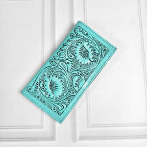 Cartera Corta de Cuero Genuino Turquesa, Nueva, Superventas, con Grabado Floral, Estilo Bohemio, Cierre a Presión, Unisex, para Uso Diario - Product Image 4