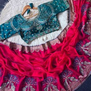 Sari de créateur tendance avec broderie Meena et blouse cousue prête à porter, prix de gros par Royal Export - Product Image 3