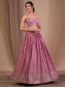 Pink Organza Lehenga Choli Beading <b>Sequins</b> Floral Print Traditional A-Line Floor-Length Bridesmaid Dress Sweetheart Neckline - Product Image 6