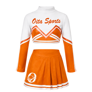 Ensemble uniforme de cheerleading sublimé orange et blanc à manches longues avec jupe plissée pour l'entraînement et la performance des équipes sportives - Product Image 2