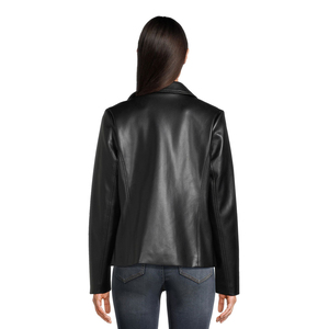 Women's Autumn/Winter Waterproof Woven PU Motorcycle <b>Jacket</b> Short <b>Blazer</b>-style with Button-Up Collar Solid Color - Product Image 3