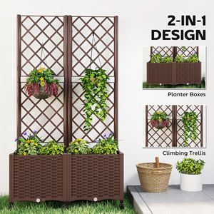 Brown Self-Watering Raised Garden Bed with Trellis Lockable Wheels Drainage Holes-<b>Planter</b> <b>Box</b> Flower Pots & <b>Planters</b> - Product Image 4