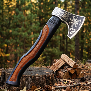 Custom Hand Forged High Carbon Steel Viking <b>Bearded</b> Axe Engraved Vegvísir Symbol with Two-Tone Wooden Handle with Leather Sheath - Product Image 1