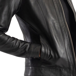 Chaqueta de Motociclista de Cuero Genuino Negro para Mujer, con Cierre, Cuello Camisero - Product Image 6