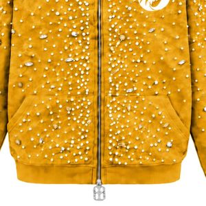 Sudadera con capucha y cremallera completa Mustard Gold Pearl, chaqueta estilo streetwear con perlas incrustadas, sudadera con capucha de manga larga con bolsillos frontales - Product Image 4