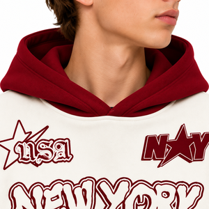เสื้อฮู้ดผู้ชายสีครีมเบอร์กันดี ลายกราฟิก New York 23 ทรงโอเวอร์ไซส์ สไตล์สตรีทแวร์ - Product Image 5