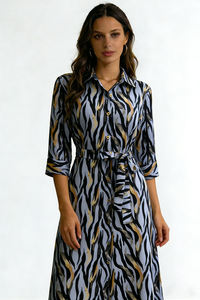 เดรสเชิ้ตผ้าซาตินลายม้าลายสำหรับผู้หญิง ปี 2026 แขน 3/4 พร้อมเข็มขัดผูกเอง ความยาวระดับเข่า สไตล์ลำลองสำหรับใส่ทำงานหรือกึ่งทางการ - Product Image 5