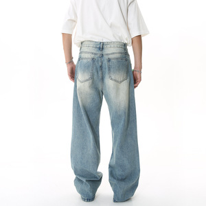 Jean en denim délavé coupe droite pour homme, taille haute, coupe ample, style décontracté, tissu en coton pour le printemps - Product Image 3