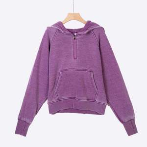 Custom Wholesale Vintage Wash <b>Pink</b> Half-Zip Hoodie Casual Fleece <b>Sweatshirt</b> with Kangaroo Pocket and Raglan Sleeves for Women - Product Image 6