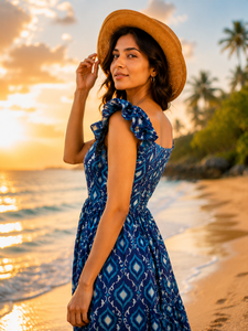 Women's 100% Cotton Floral Print Maxi Dress Blue Boho Beach <b>Spaghetti</b> Strap A-Line Breathable Summer Casual OEM ODM Manufacturer - Product Image 2