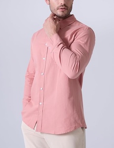 Chemise boutonnée en coton rose pour homme, manches longues, col rabattu, couleur unie, avec poches, coupe classique, toutes saisons, haut décontracté - Product Image 4