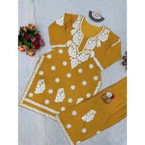 PUNTADA DE RAYÓN PESADO ATRACTIVA TRABAJO KURTI CON PALAZZO AMARILLO - Product Image 2