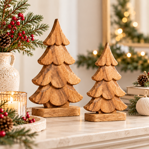 Centro de mesa de alta calidad con árboles de Navidad de madera para decoración de mesa de comedor o café, al mejor precio del fabricante, hecho a mano con madera de mango. - Product Image 1