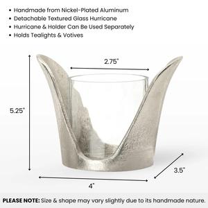 Modern Silver Winged Cast Aluminum Candle <b>Holder</b> – Flared Crown <b>Glass</b> Hurricane <b>Stand</b> - Product Image 3