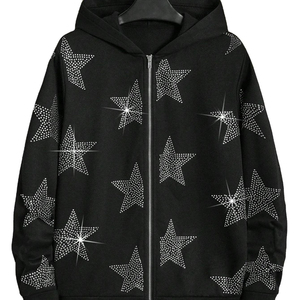 Sweat à capuche streetwear personnalisé pour homme, effet vieilli, délavé à l'acide, effet soleil, fermeture éclair 3D, patch brodé en strass, molleton épais, ODM - Product Image 1