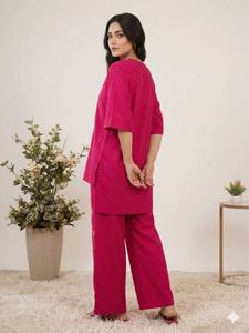 Salwar Kameez en coton rose pour femmes, coupe ample, longueur cheville, avec art dessiné à la main, style Inde Pakistan, vêtements décontractés - Product Image 3
