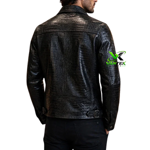 Blouson moto homme en toile véritable marron gaufré croco, col montant, tissu respirant, doublure en peau de mouton, design peau de serpent, fermeture éclair - Product Image 6