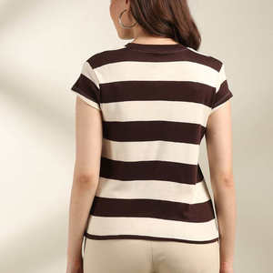 T-shirt en coton rayé blanc et marron pour femme, décontracté, à manches courtes, pour l'été - Product Image 3