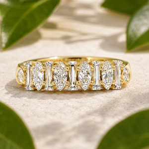 Bague de luxe avec sertissage clos rond, mélange de diamants de laboratoire poire, taille baguette et taille conique, style éternité, pour mariage, cadeau d'anniversaire, personnalisable, vente en gros - Product Image 1